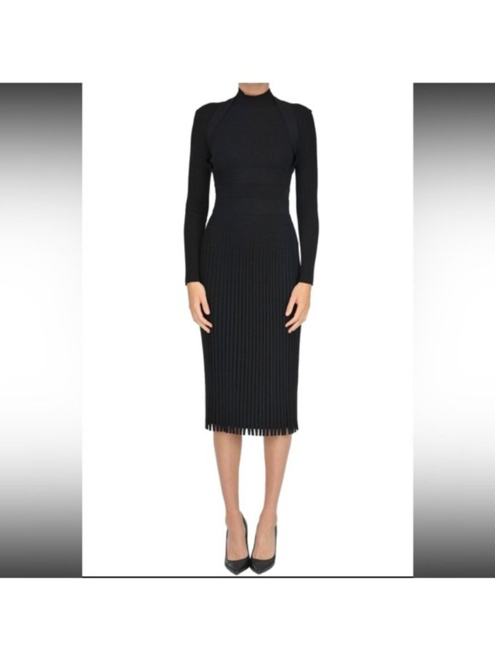 Cedric Charlier Turtleneck Harness Ribbed Sweater Fit Flare Knit Dress